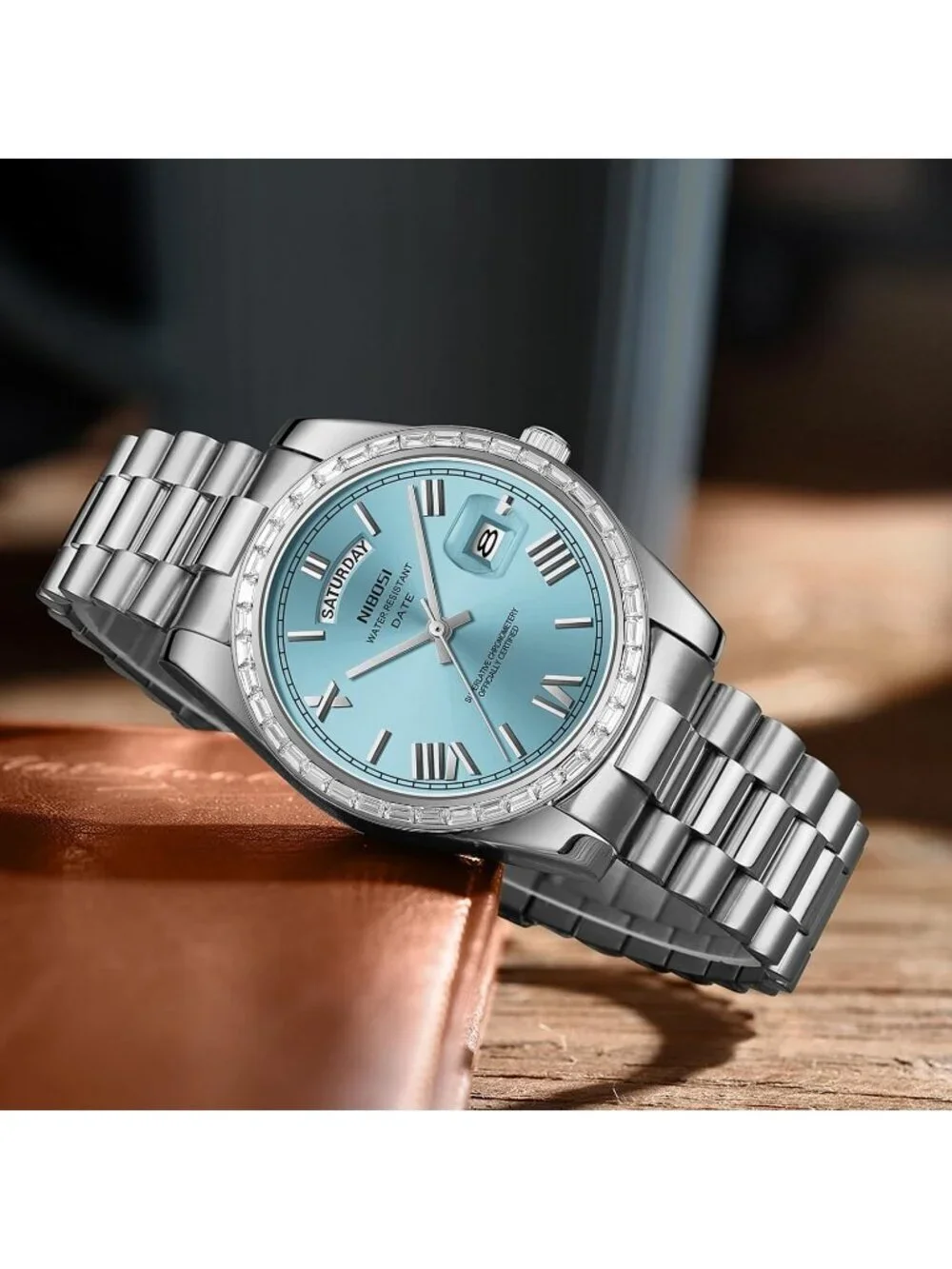 Nibosi Men's Silver Light Blue Analog Quartz Diamond Stainless Waterproof Watch